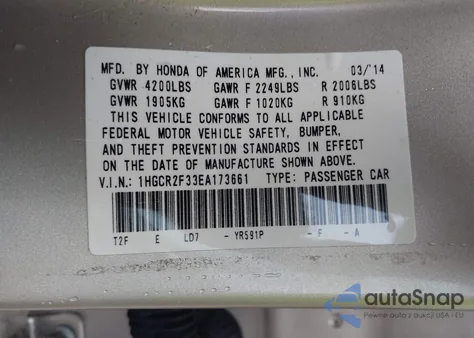 2014 Honda Accord Lx from USA, damaged, VIN 1HGCR2F33EA173661